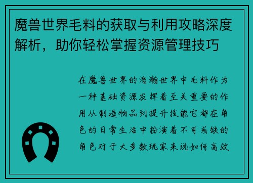 魔兽世界毛料的获取与利用攻略深度解析，助你轻松掌握资源管理技巧